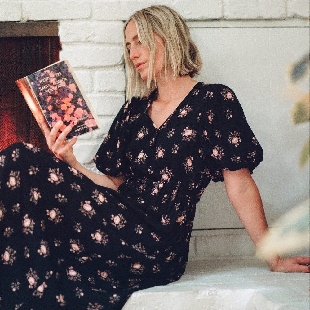 Women's Black Midi Dress with Pink Floral Print